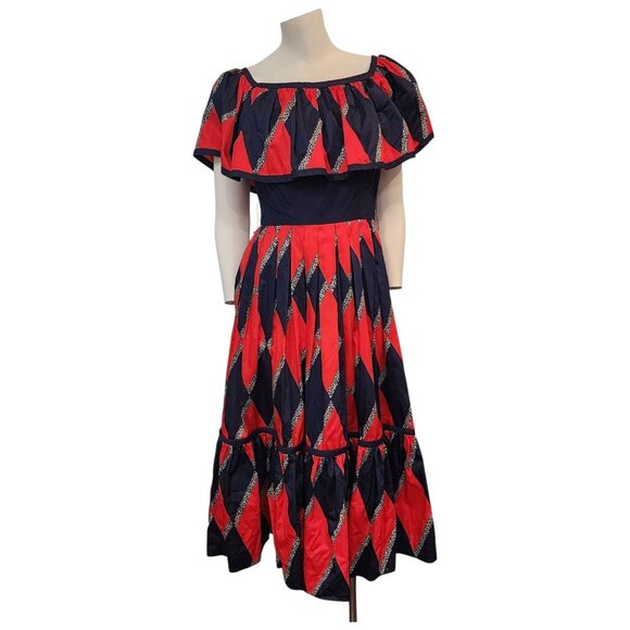 Vintage Mignon Dress 70s 80s Festive Party Retro Red Blue Vtg Diamond Print XS/S - Picture 2 of 14